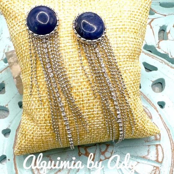 Lapis Lazuli oversized tassels  Dangle maximalist silver statement earri… - Picture 1 of 5